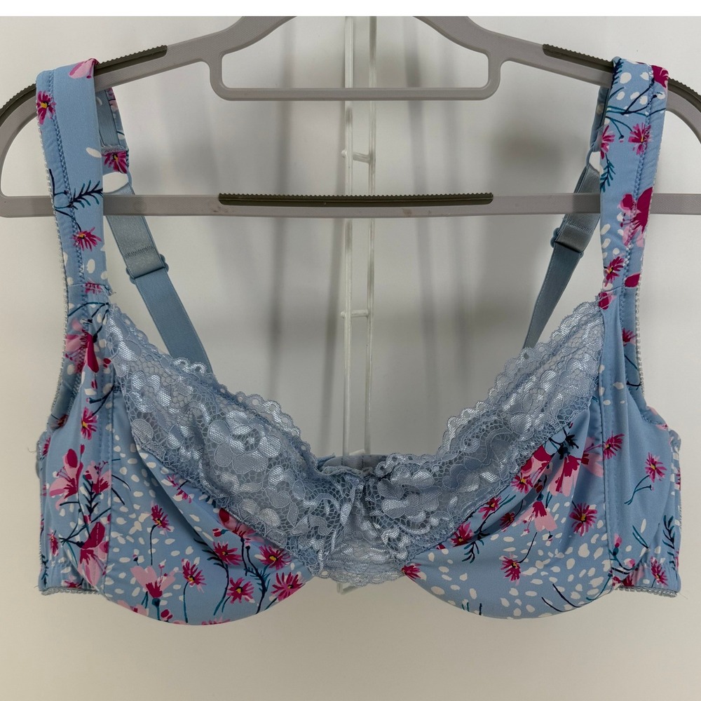 Amoureuse Underwire Bra Womens 38DD‎ Blue Floral Lace Trim Cottagecore Lingerie